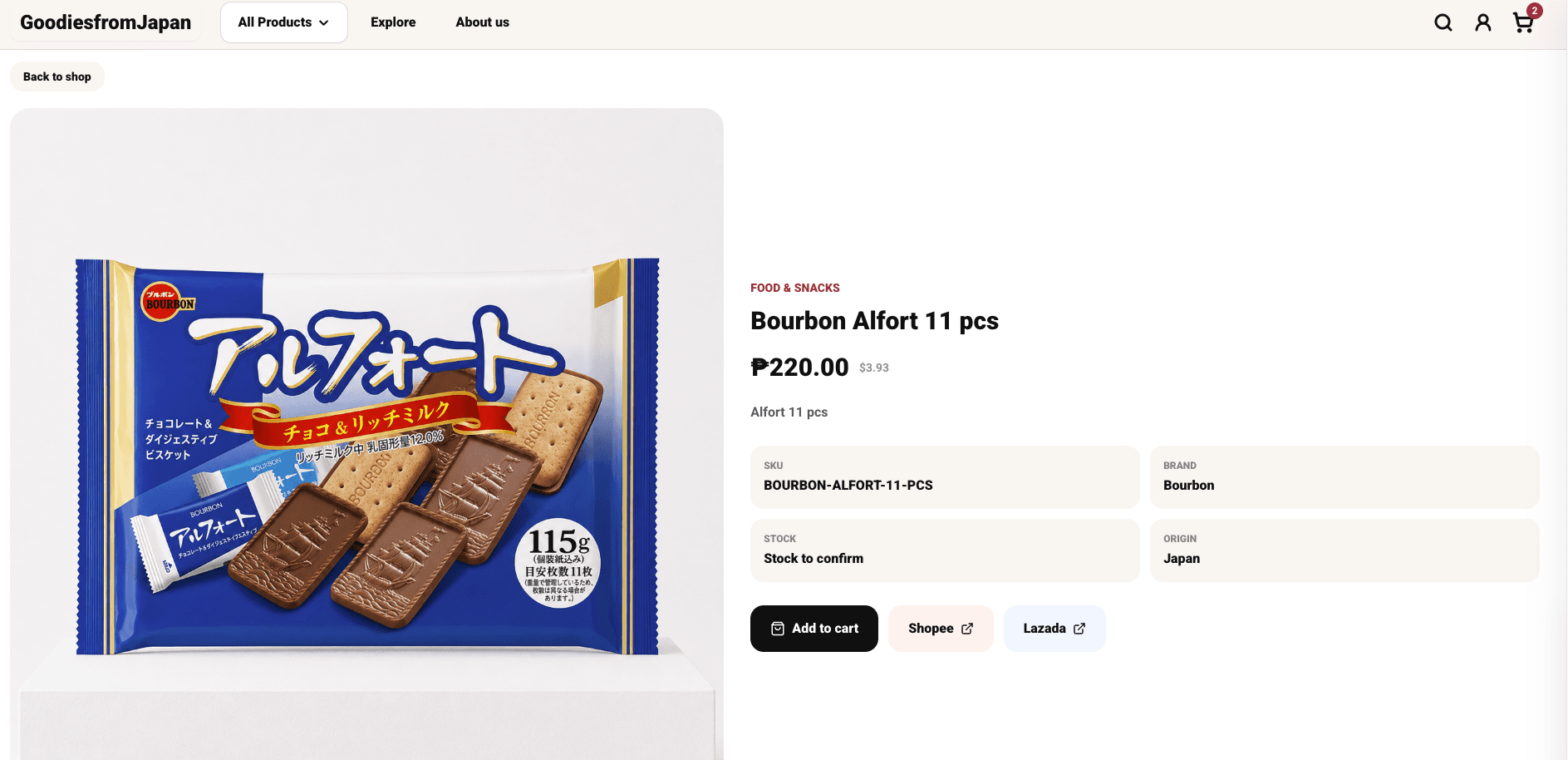 GoodiesfromJapanの商品詳細ページ。価格、SKU、ブランド、ShopeeとLazadaへのリンク
