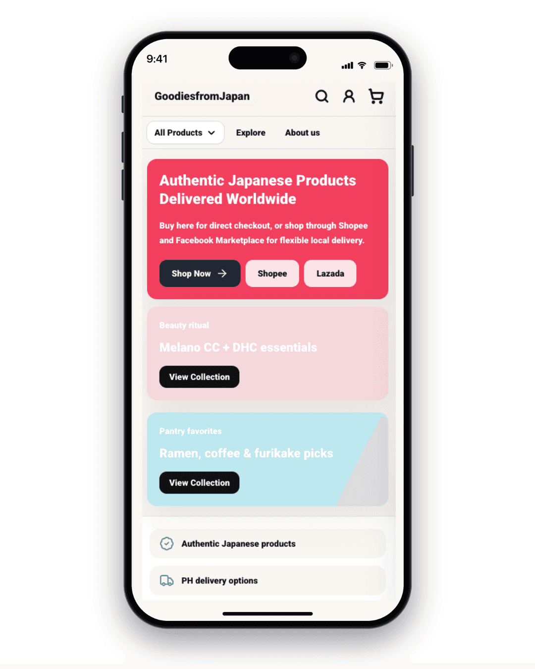 GoodiesfromJapan home page on an iPhone with the Authentic Japanese Products Delivered Worldwide banner, Shopee and Lazada buttons, and two collection cards