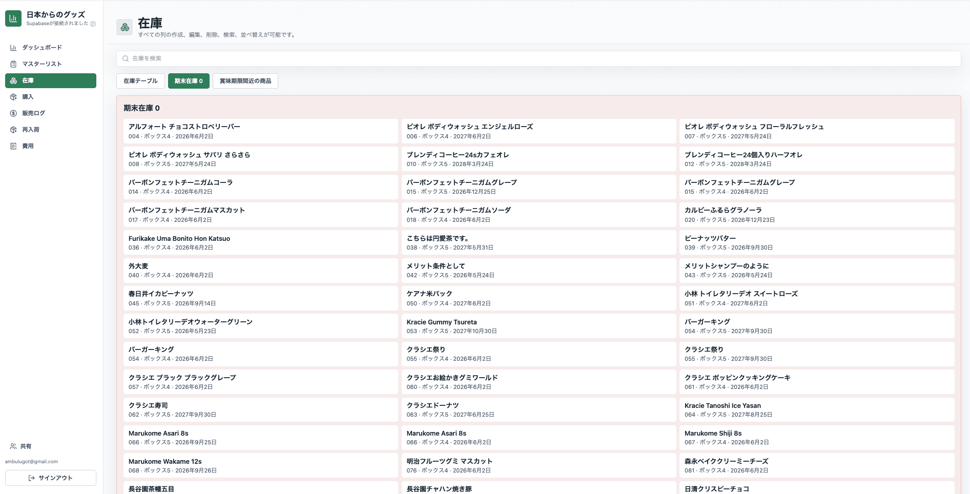 ZaikoPlusの在庫画面。期末在庫が0の商品一覧